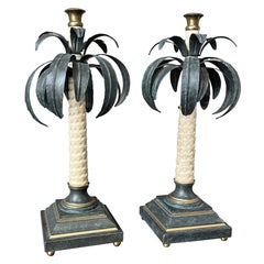 1990s Italian Hand-Painted Metal Palm Tree Candle Sticks, Pair
