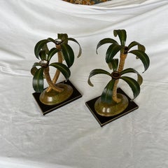 1990s Italian Metal Palm Tree Two-Light Candle Holders, Pair