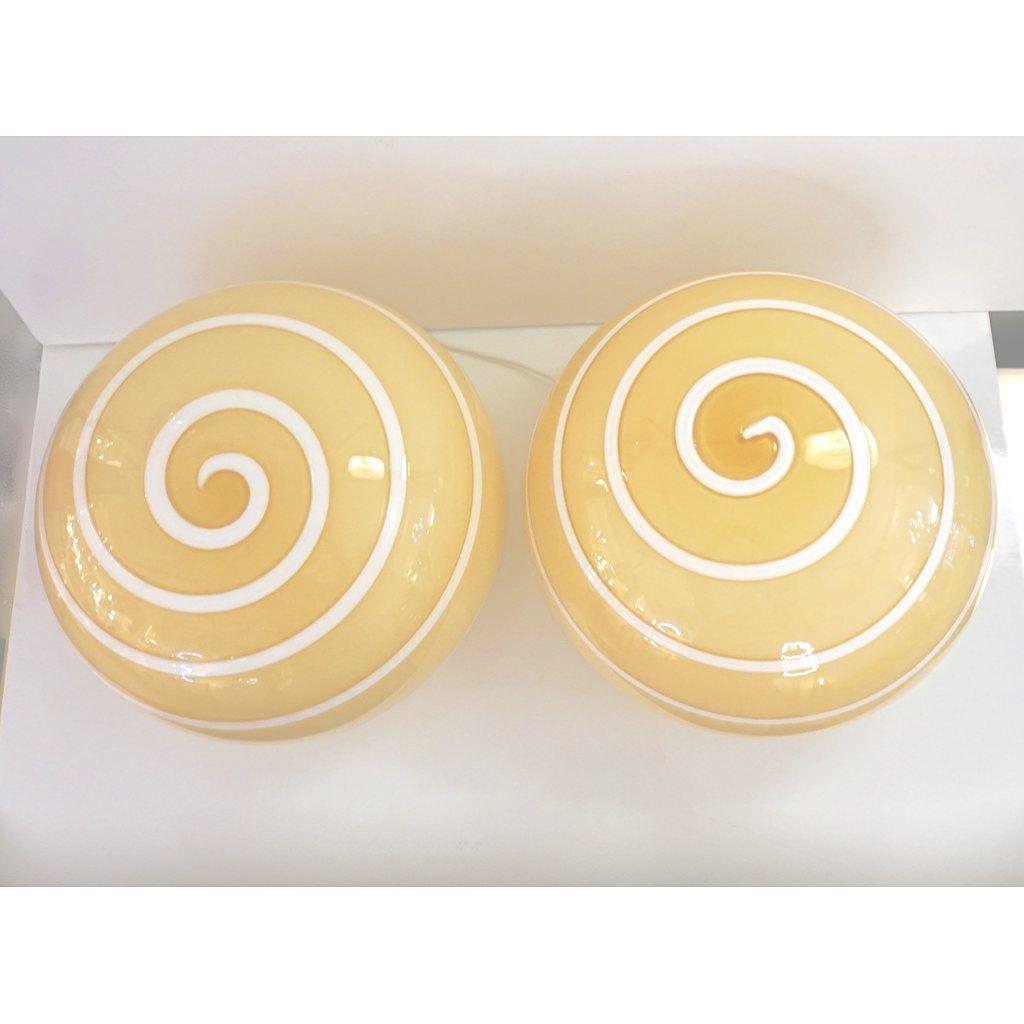 Hand-Crafted 1990s Italian Mid-Century Modern Pair of White & Golden Cream Globe Glass Lamps