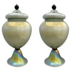 1990s Italian Pair of Tall Iridescent Glass Lamps / Urns Attributed to Seguso