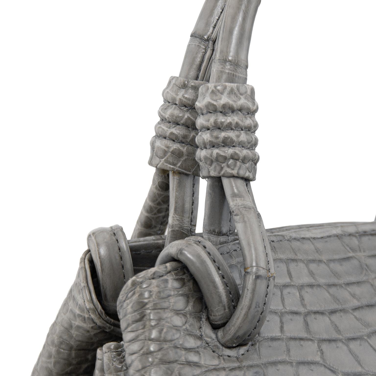 Gray 1990s Italian Reptile Effect Matte Grey Handbag