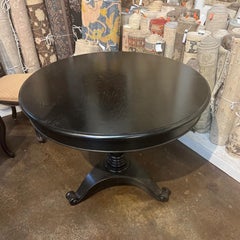 1990s Italian Round Black Wood Center Table – Hand-Carved Pedestal Base