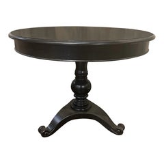 1990s Italian Round Black Wood Center Table – Hand-Carved Pedestal Base