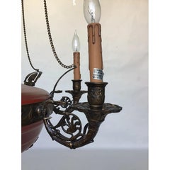 1990s Italian Six-Light Brass and Red Tole Chandelier with Leaf Cut-Out Detail