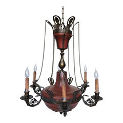 1990s Italian Six-Light Brass and Red Tole Chandelier with Leaf Cut-Out Detail