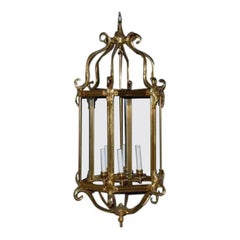 Lampadario italiano anni '90 a sei luci con lanterna in ottone e pannelli di vetro