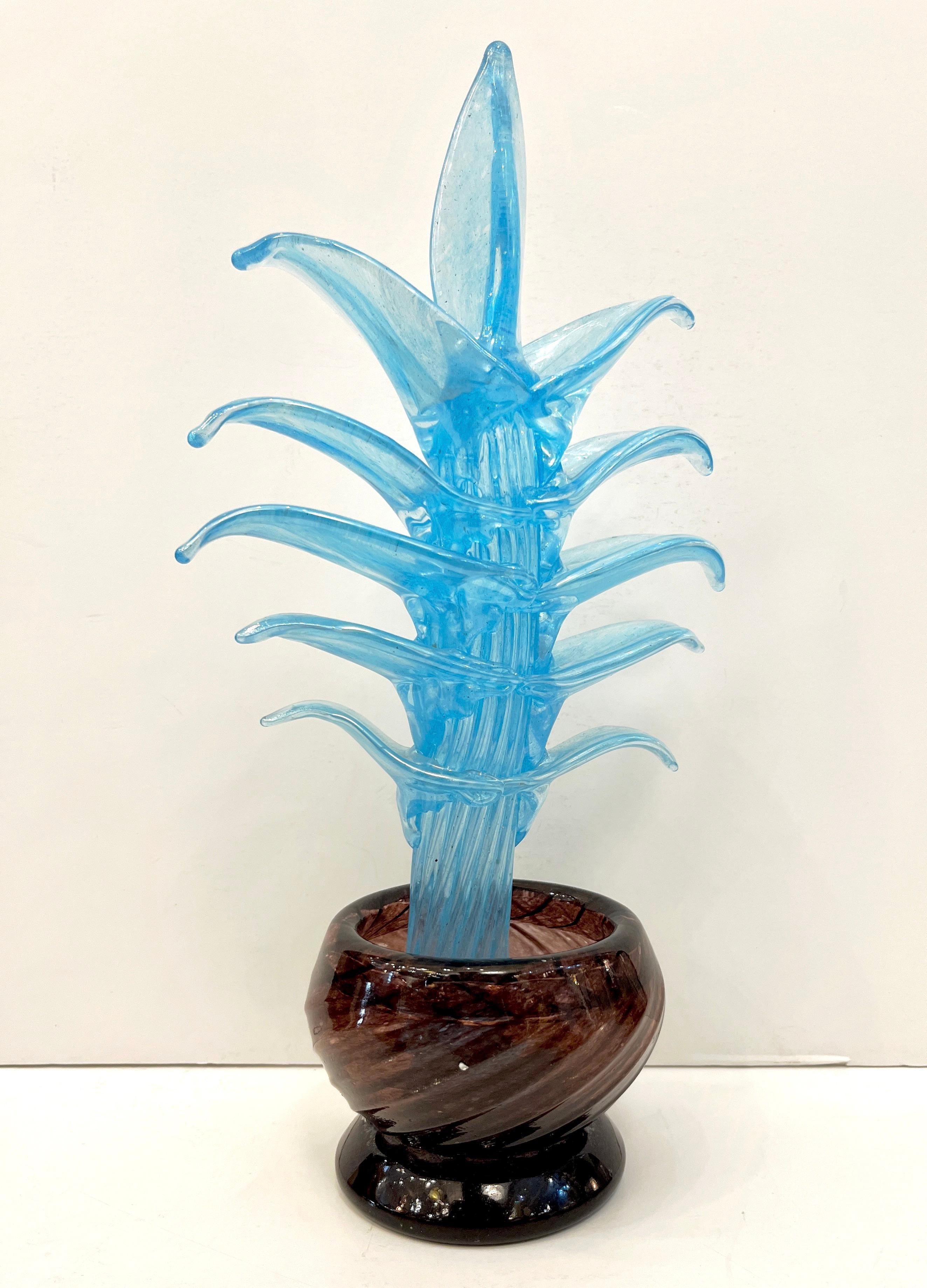 1990s Italian Sky Blue Leaves Murano Art Glass Cactus Plant in Purple Pot For Sale 5