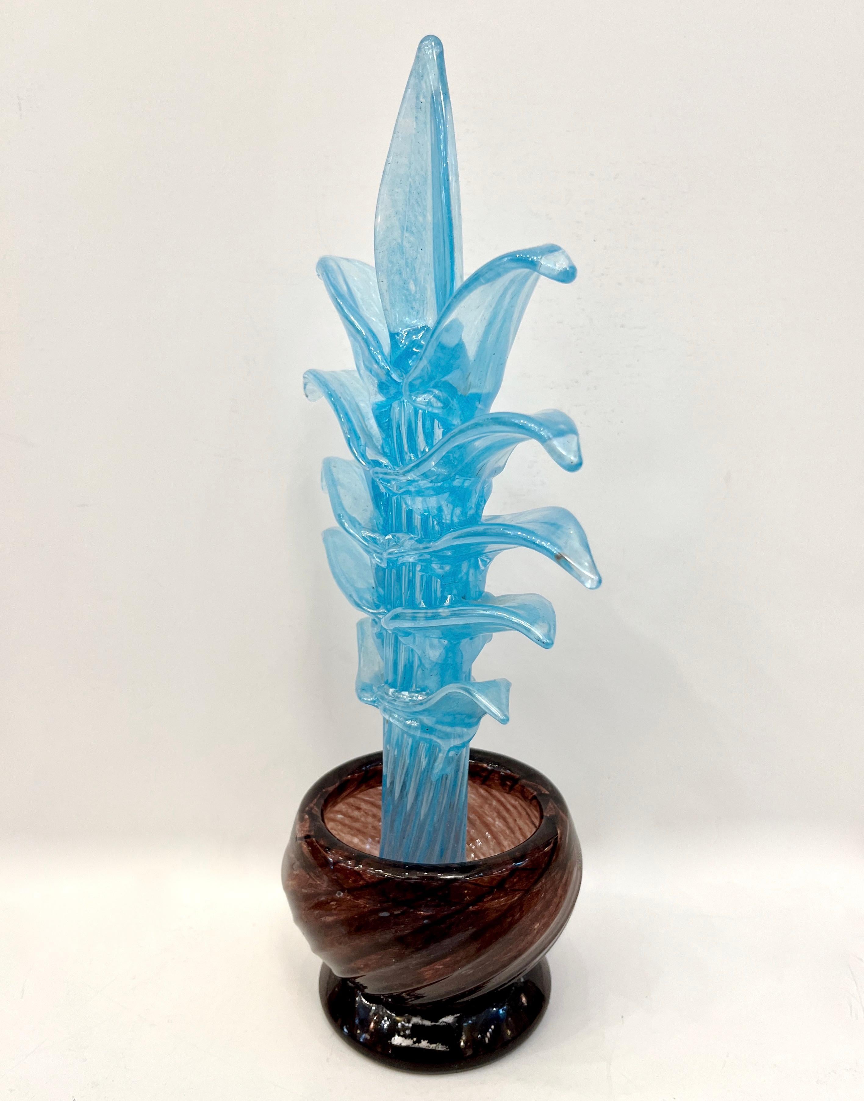 1990s Italian Sky Blue Leaves Murano Art Glass Cactus Plant in Purple Pot For Sale 6
