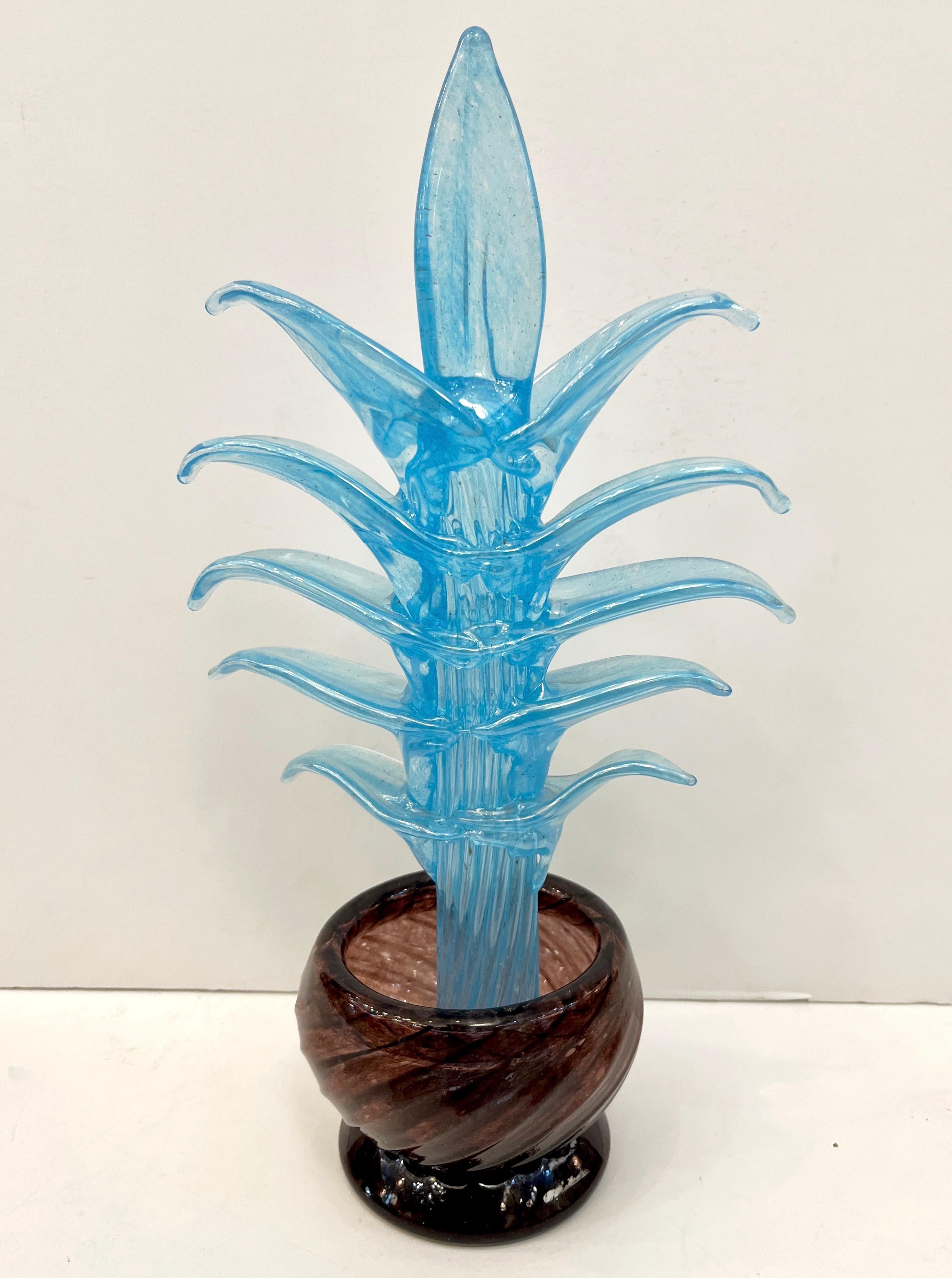 1990s Italian Sky Blue Leaves Murano Art Glass Cactus Plant in Purple Pot For Sale 7