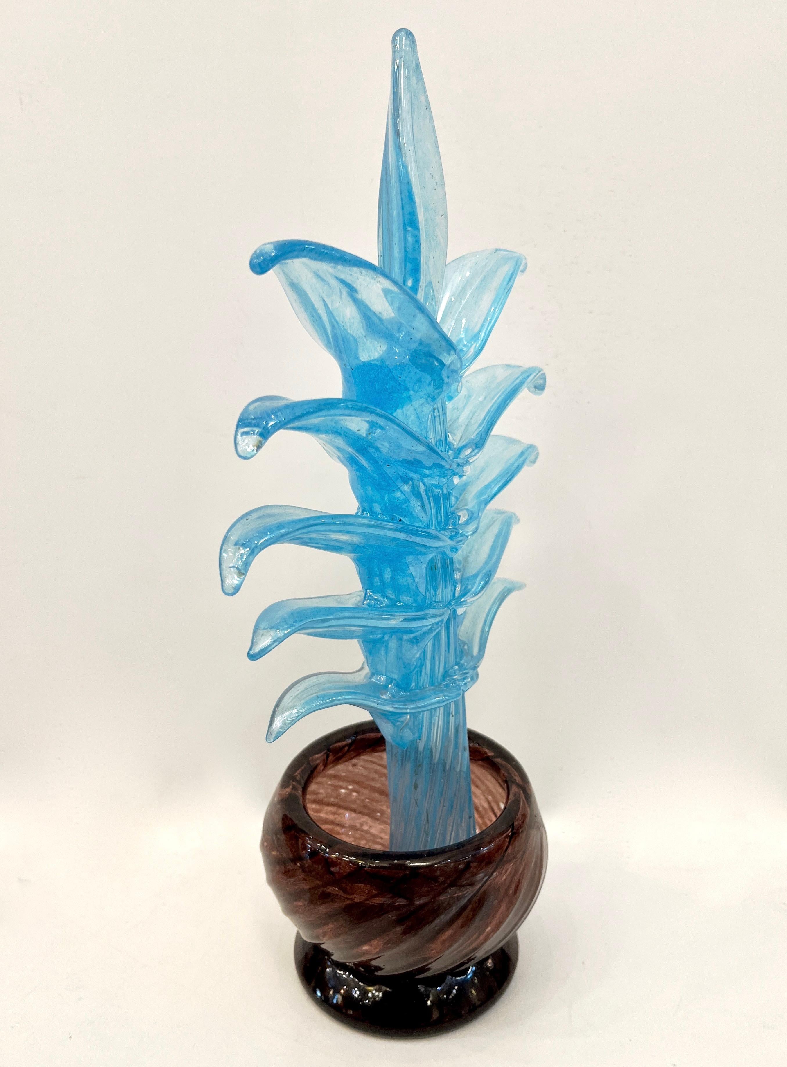 1990s Italian Sky Blue Leaves Murano Art Glass Cactus Plant in Purple Pot For Sale 8