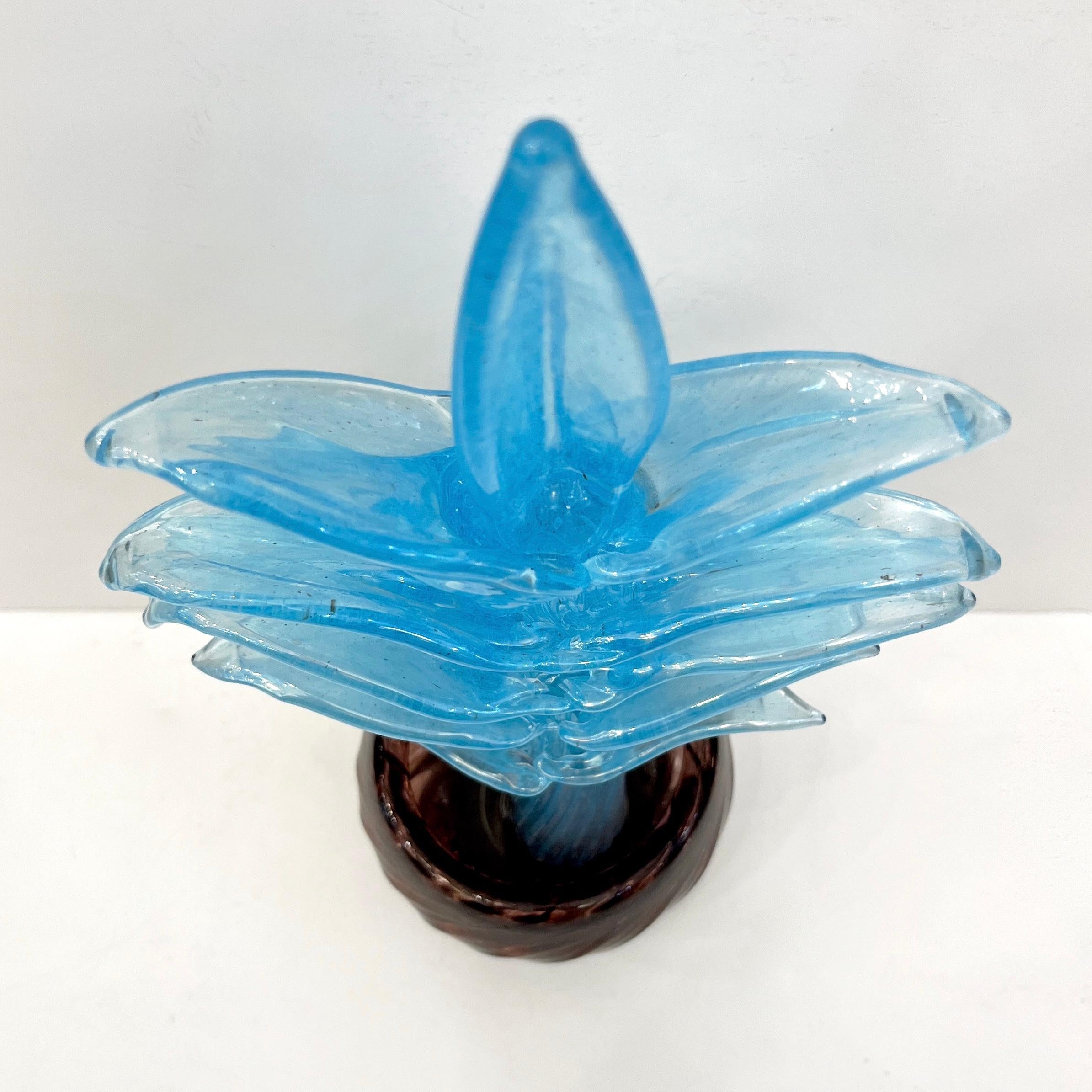 1990s Italian Sky Blue Leaves Murano Art Glass Cactus Plant in Purple Pot In Excellent Condition For Sale In New York, NY
