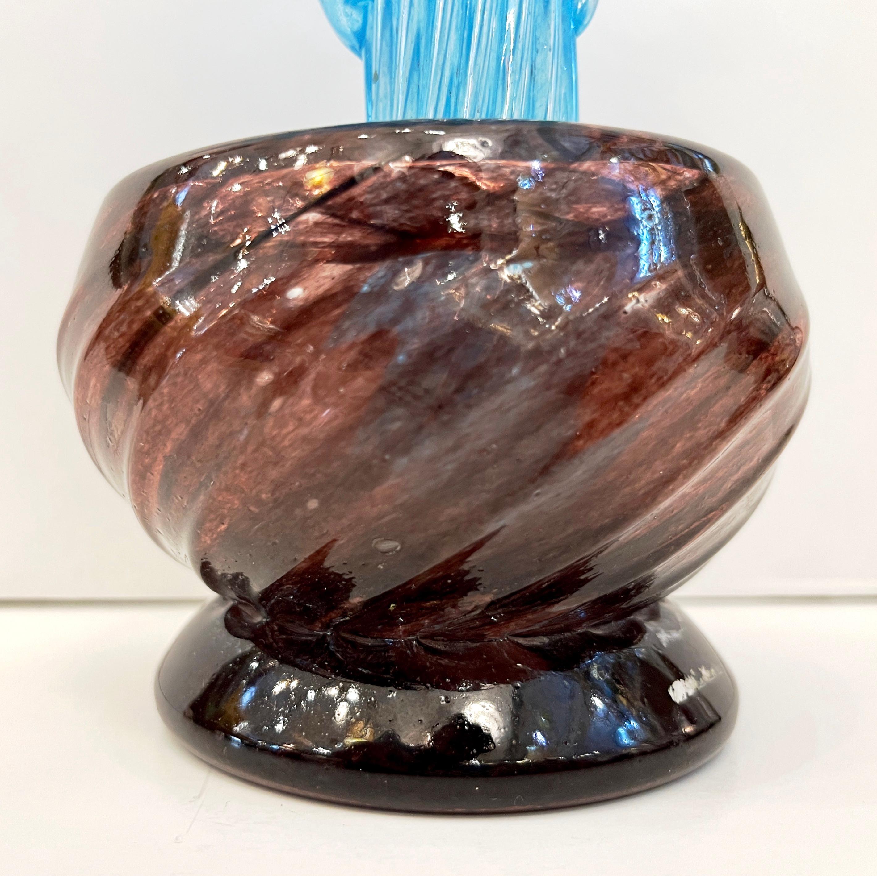 1990s Italian Sky Blue Leaves Murano Art Glass Cactus Plant in Purple Pot For Sale 1