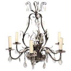 1990s Italian Steel and Crystal Six-Arm Chandelier, Black Finish, Floral Design