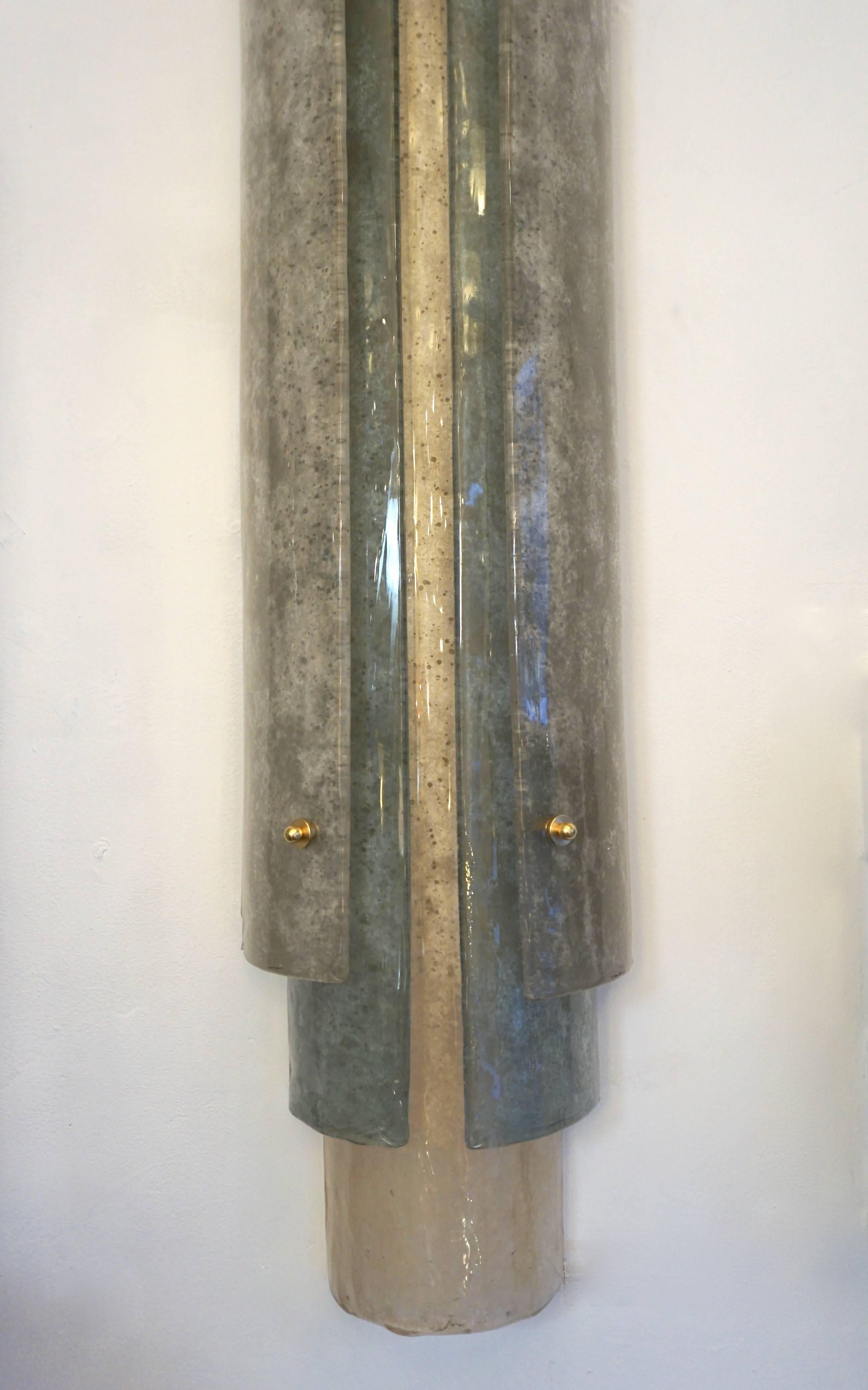 1990s Italian Tall Wall Light in White Blue Gray Frosted Murano Glass For Sale 1