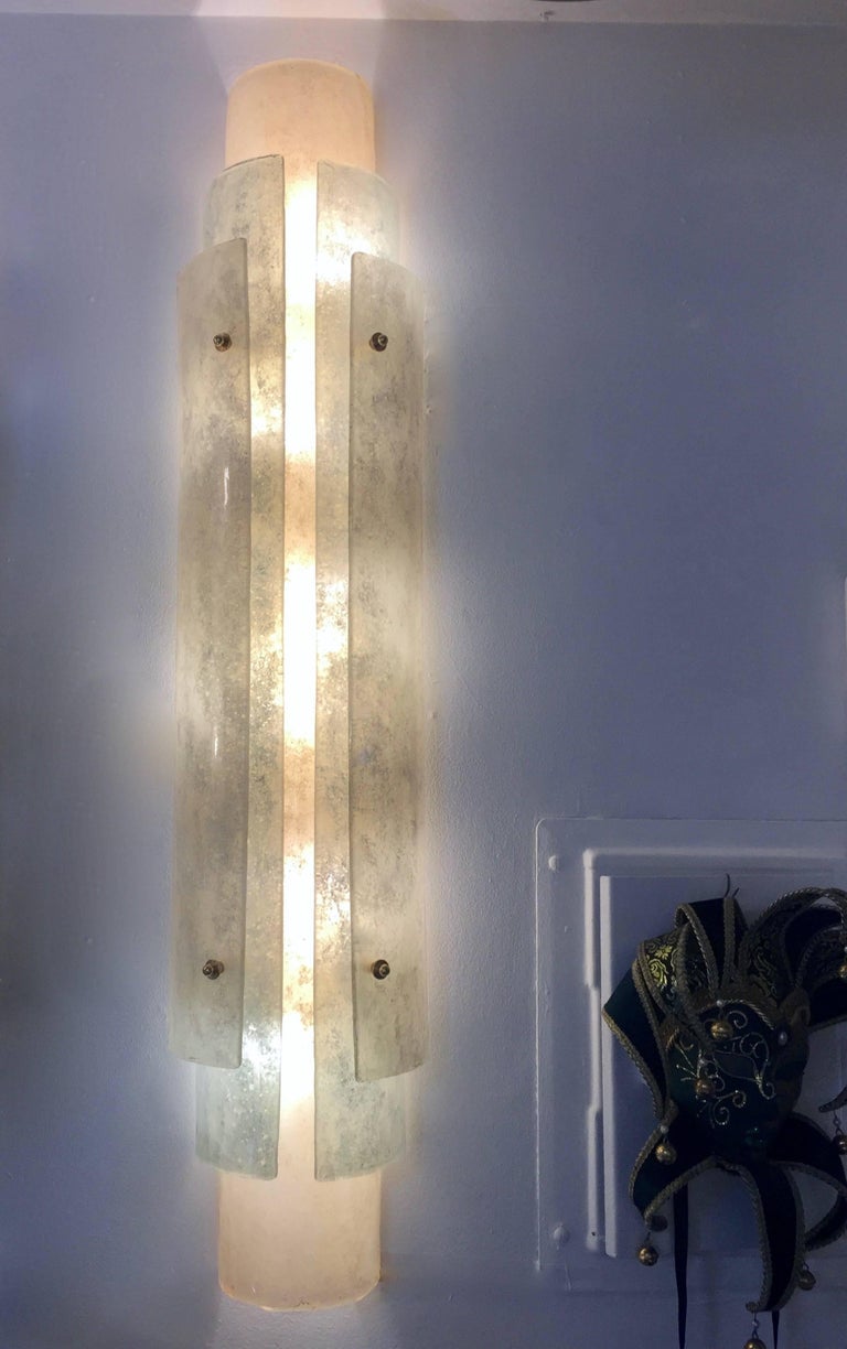 Late 20th Century 1990s Italian Tall Wall Light in White Blue Gray Frosted Murano Glass For Sale