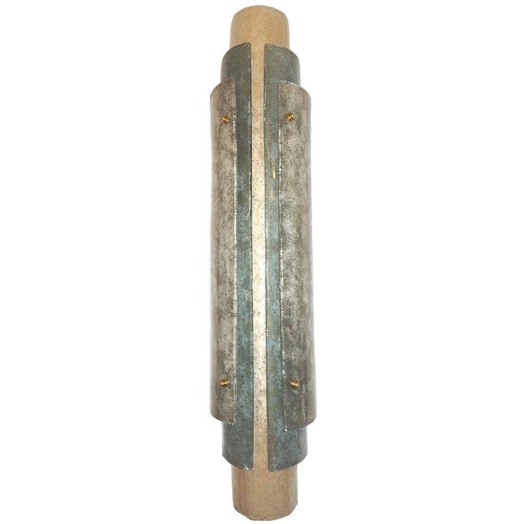 1990s Italian Tall Wall Light in White Blue Gray Frosted Murano Glass For Sale
