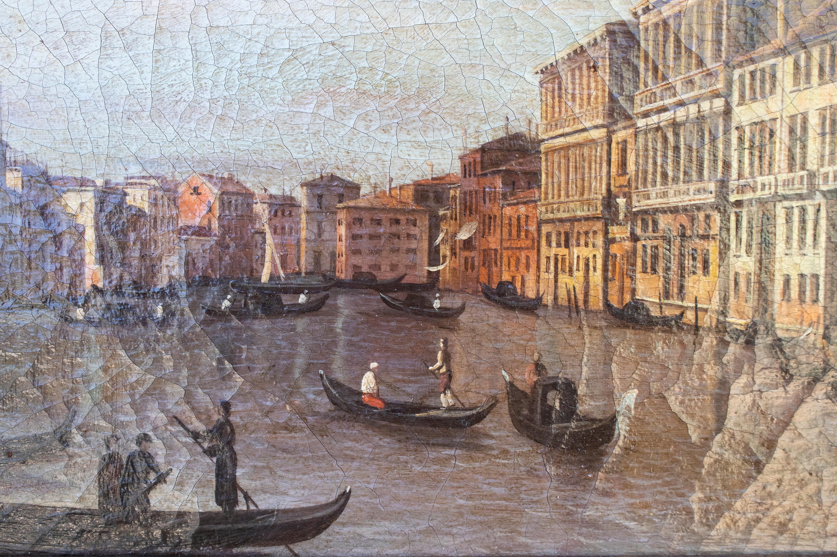Hand-Painted 1990s Italian Venetian Framed Oil on Canvas Painting with Craquelure For Sale