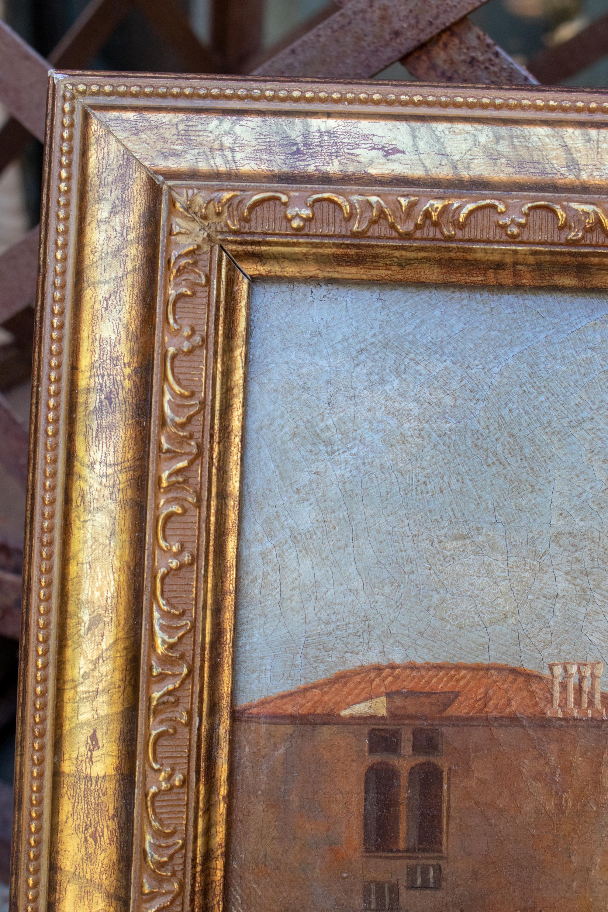 1990s Italian Venetian Framed Oil on Canvas Painting with Craquelure For Sale 1