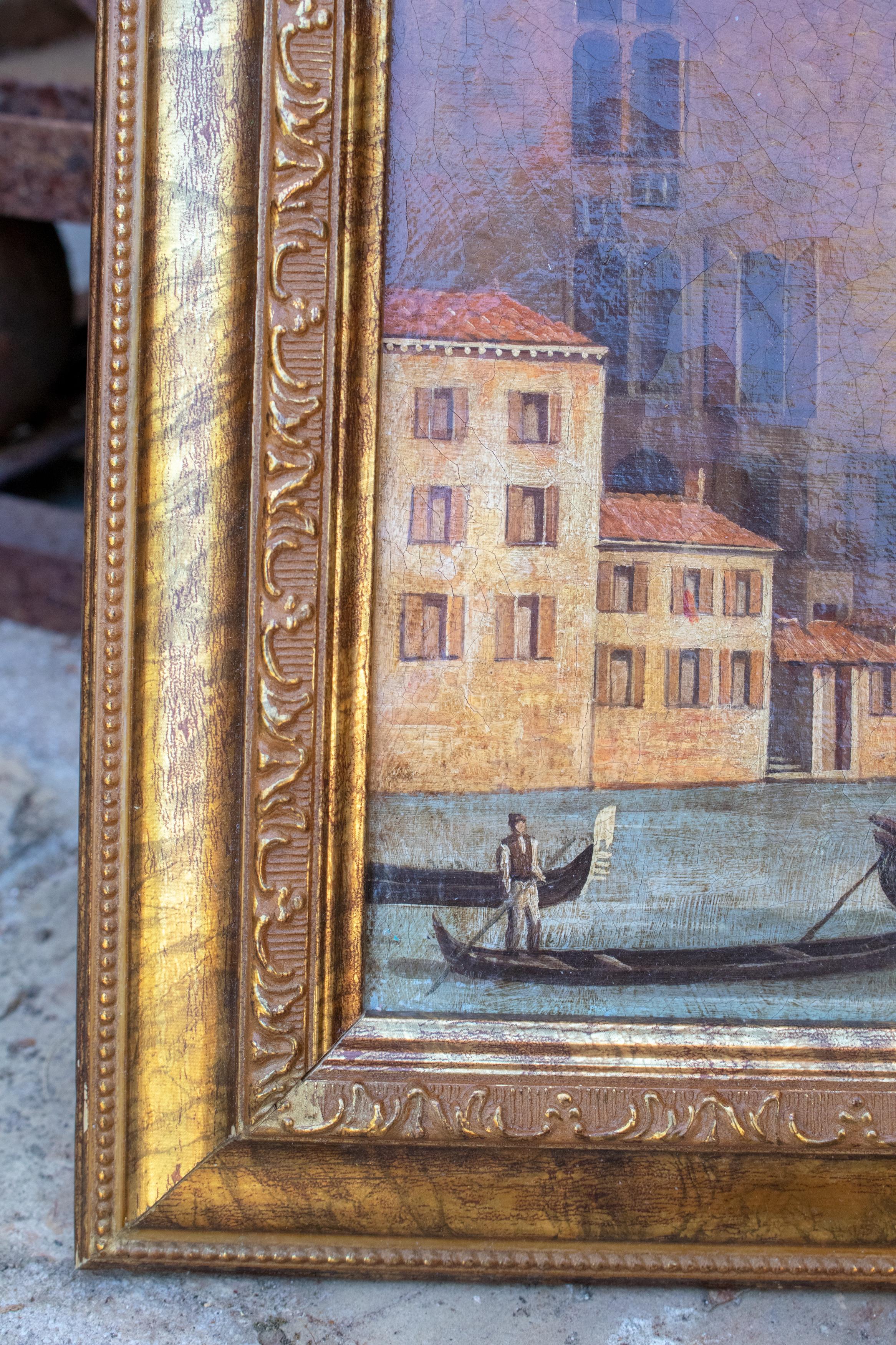 1990s Italian Venetian Framed Oil on Canvas Painting with Craquelure For Sale 2