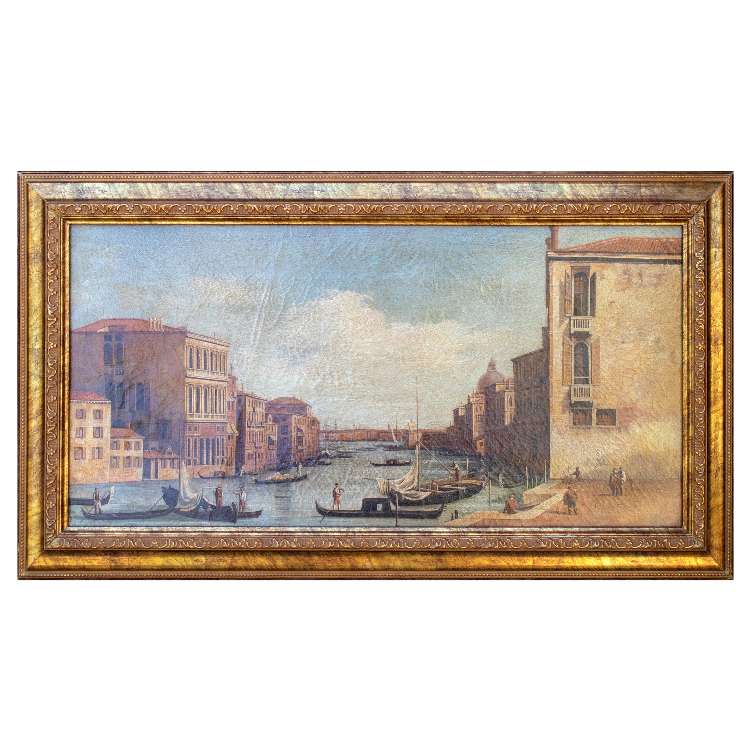 1990s Italian Venetian Framed Oil on Canvas Painting with Craquelure
