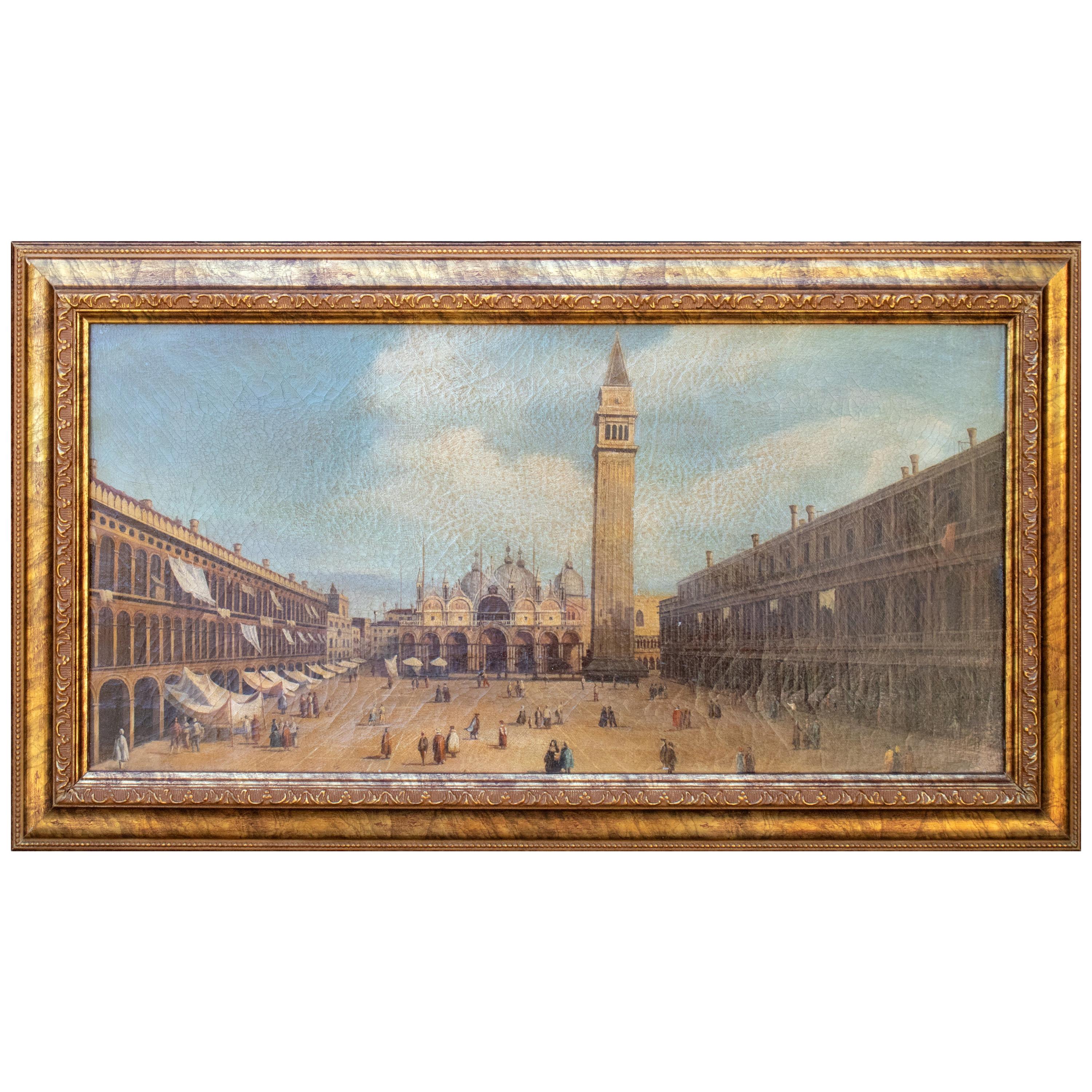 1990s Italian Venetian Framed Oil on Canvas Painting with Craquelure For Sale