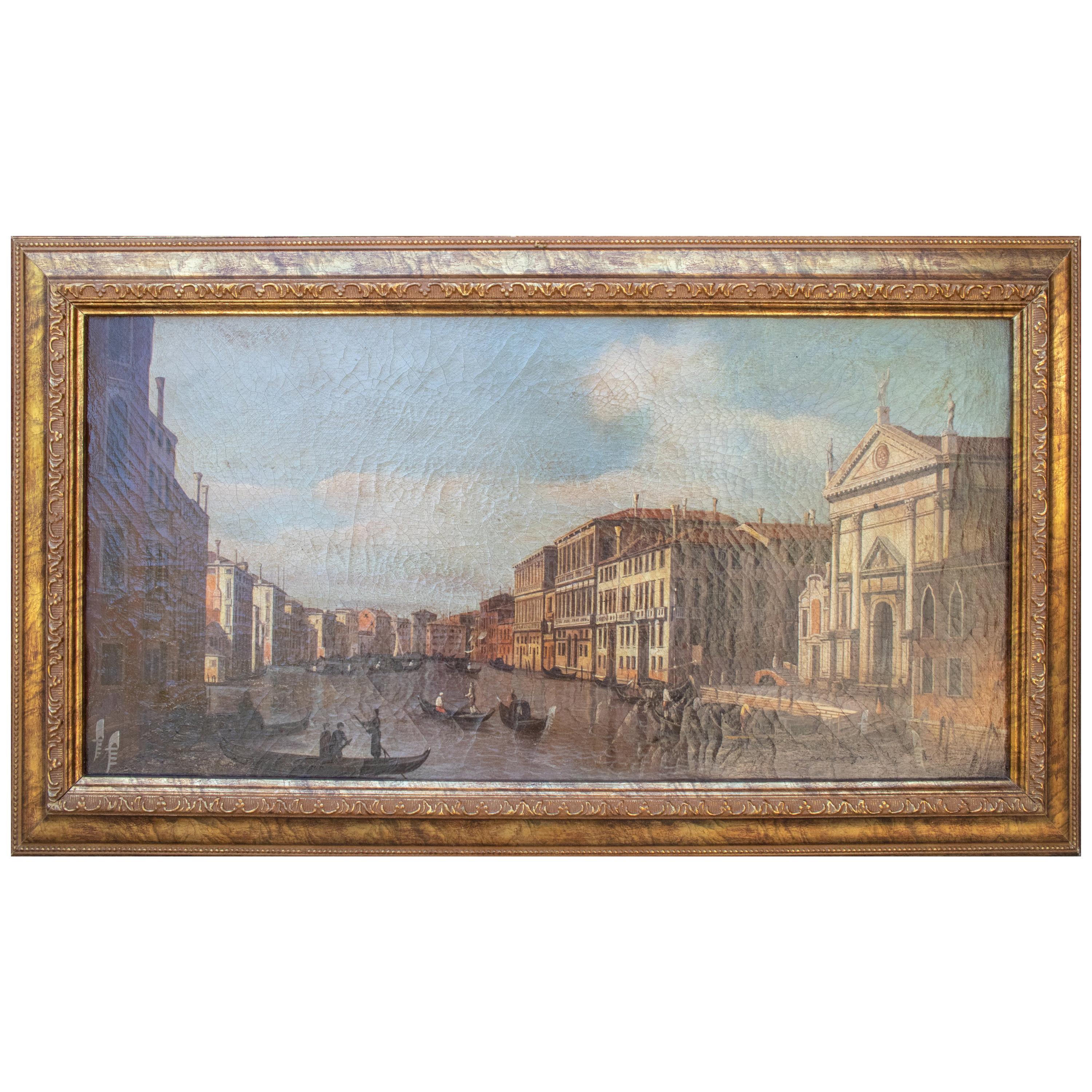 1990s Italian Venetian Framed Oil on Canvas Painting with Craquelure