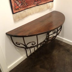 1990s Italian Wall-Mounted Wrought Iron Console with Distressed Walnut Wood Top