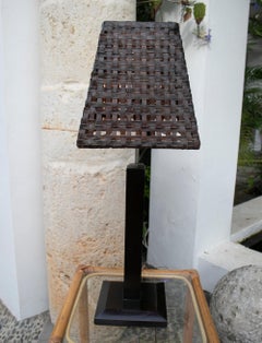1990's Italian Wooden Lamp with Leather Shade and Height Adjustment