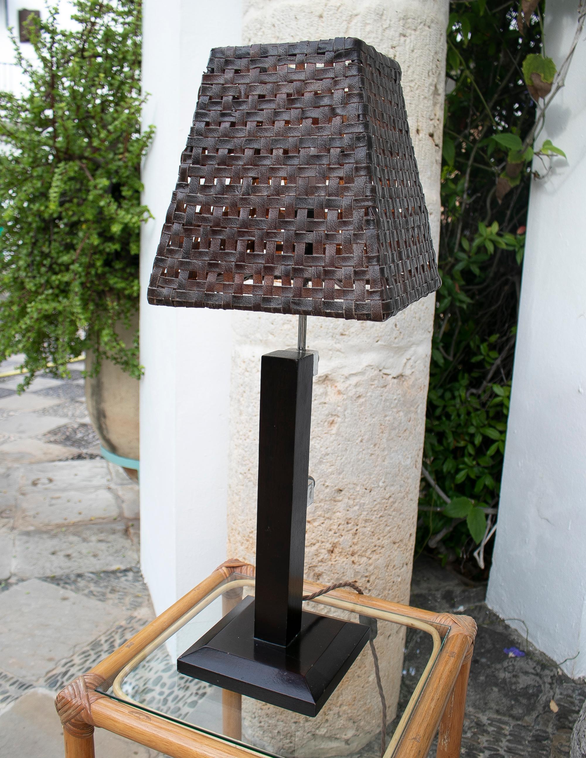 Spanish 1990's Italian Wooden Lamp with Leather Shade and Height Adjustment For Sale