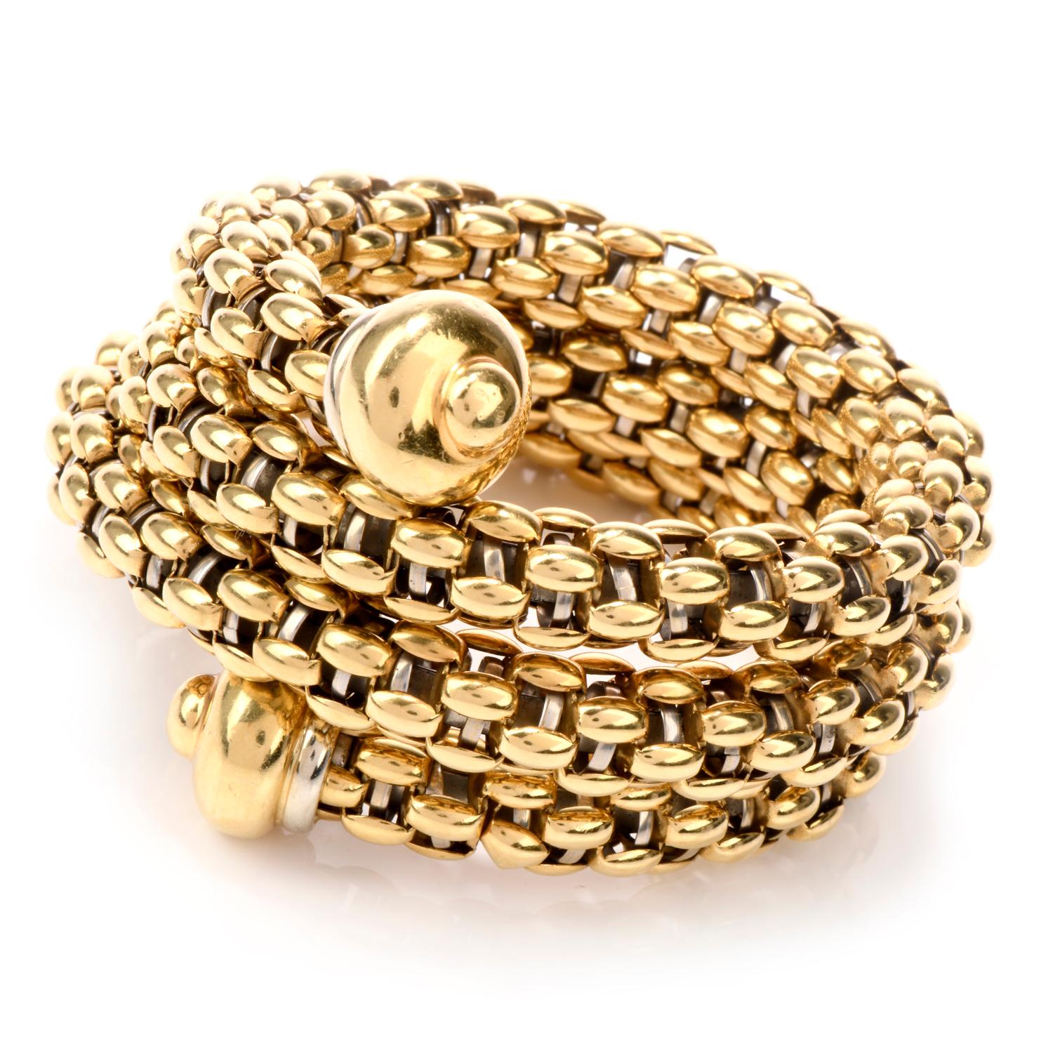 This exceptional Italian wrap around bangle bracelet is made in 18k yellow and white gold  The coil body wrap around at least 4 times from each end. This stylish high polish flexible italian gold very stylish is very confortable to wear. 

Weight: