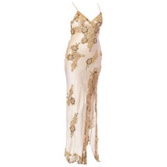 Vintage 1990S Ivory Bias Cut Silk Charmeuse Galliano Style Gown With Beaded Gold Lace A