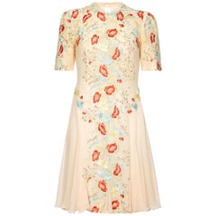 1990s Ivory Silk Chiffon Floral Embroidery Dress