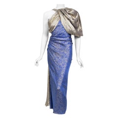 1990's Jacqueline de Ribes Couture Metallic Blue Silk Asymmetric Bias-Cut Dress