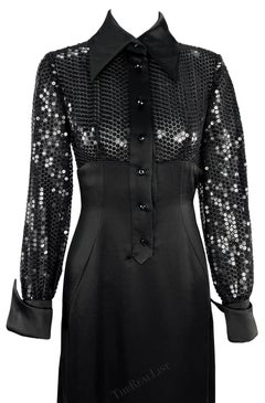 1990s Jacques Fath Sheer Black Sequin Plunging Satin French Cuff Collared Gown