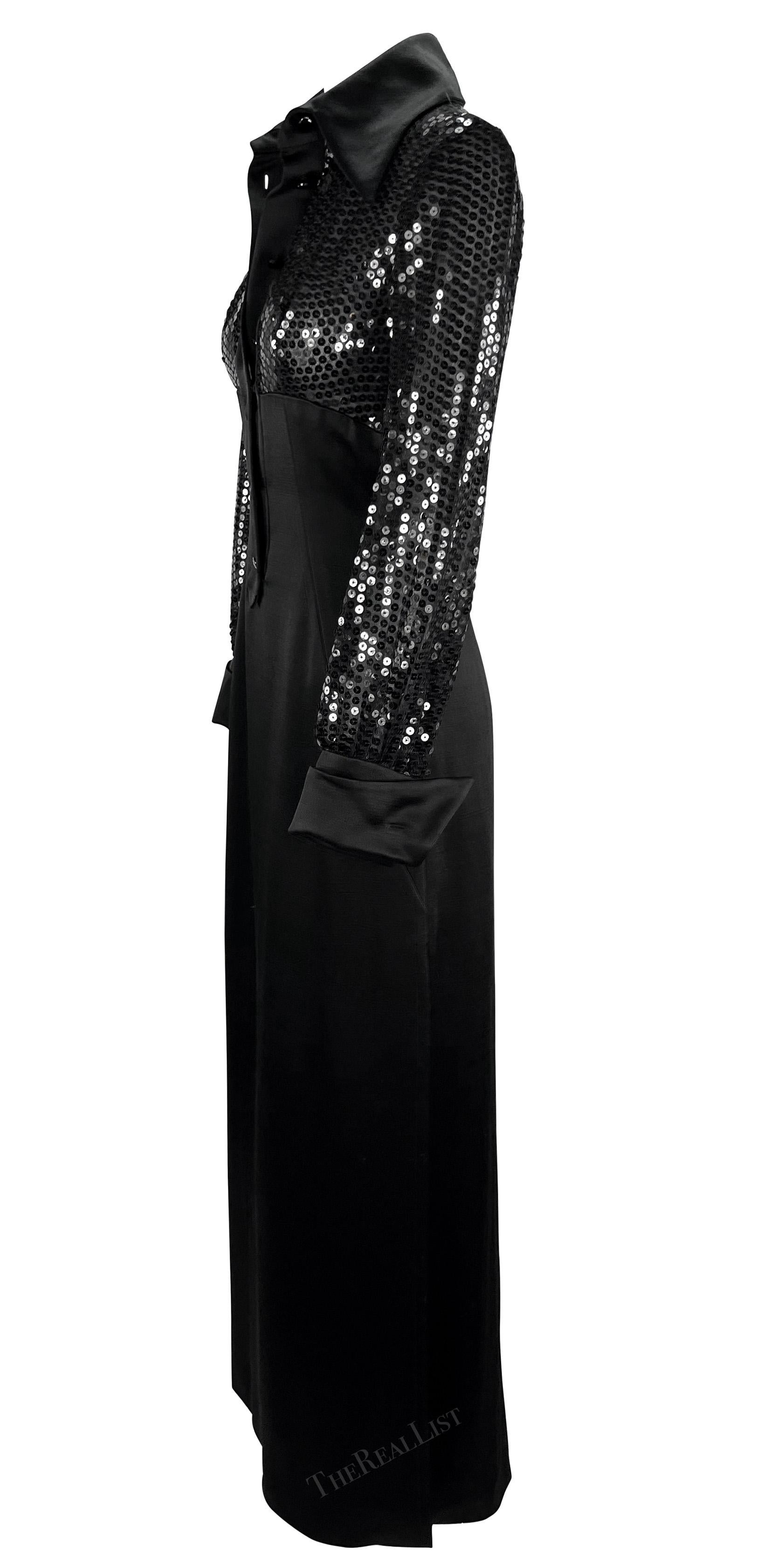 Women's 1990s Jacques Fath Sheer Black Sequin Plunging Satin French Cuff Collared Gown For Sale