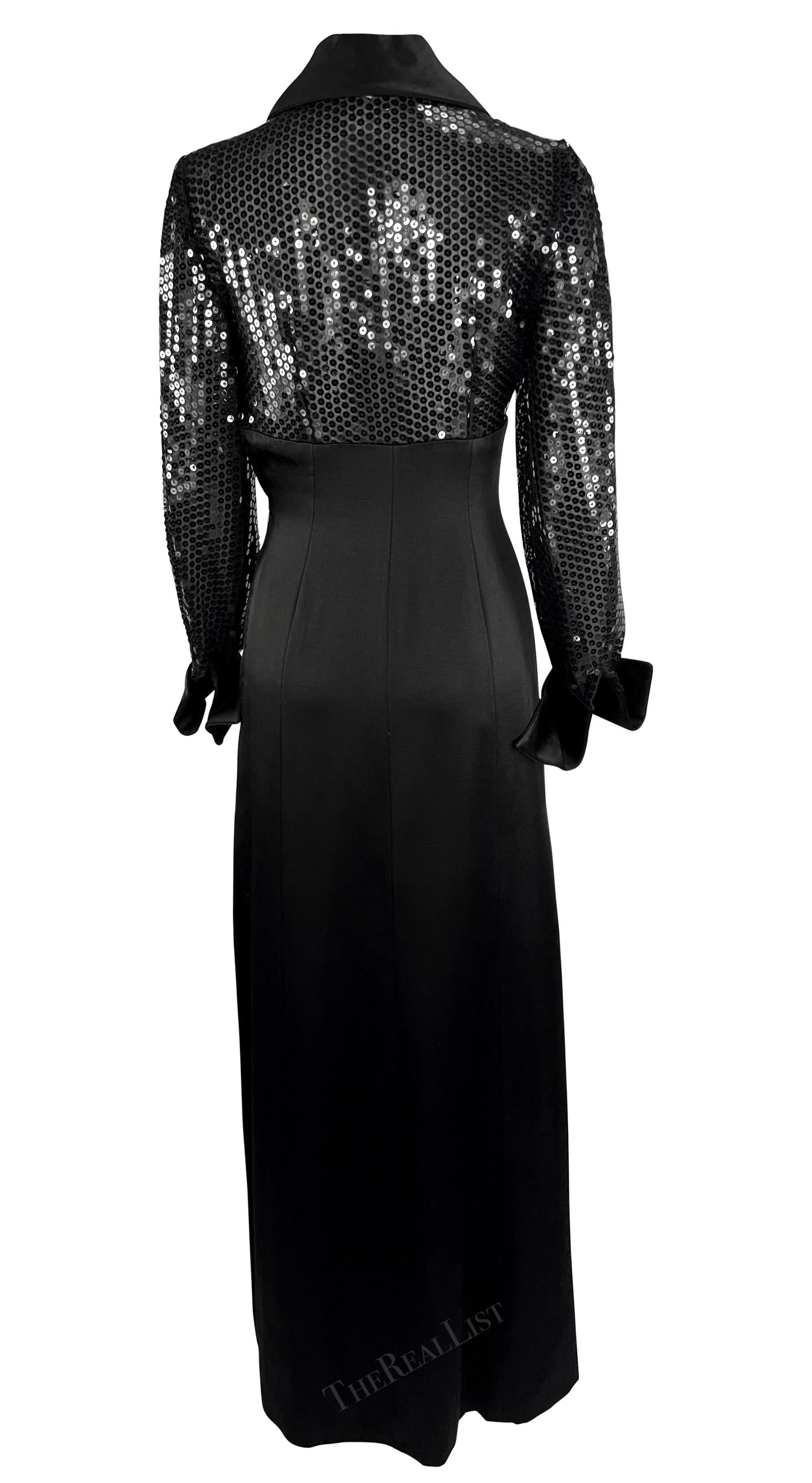 1990s Jacques Fath Sheer Black Sequin Plunging Satin French Cuff Collared Gown For Sale 1