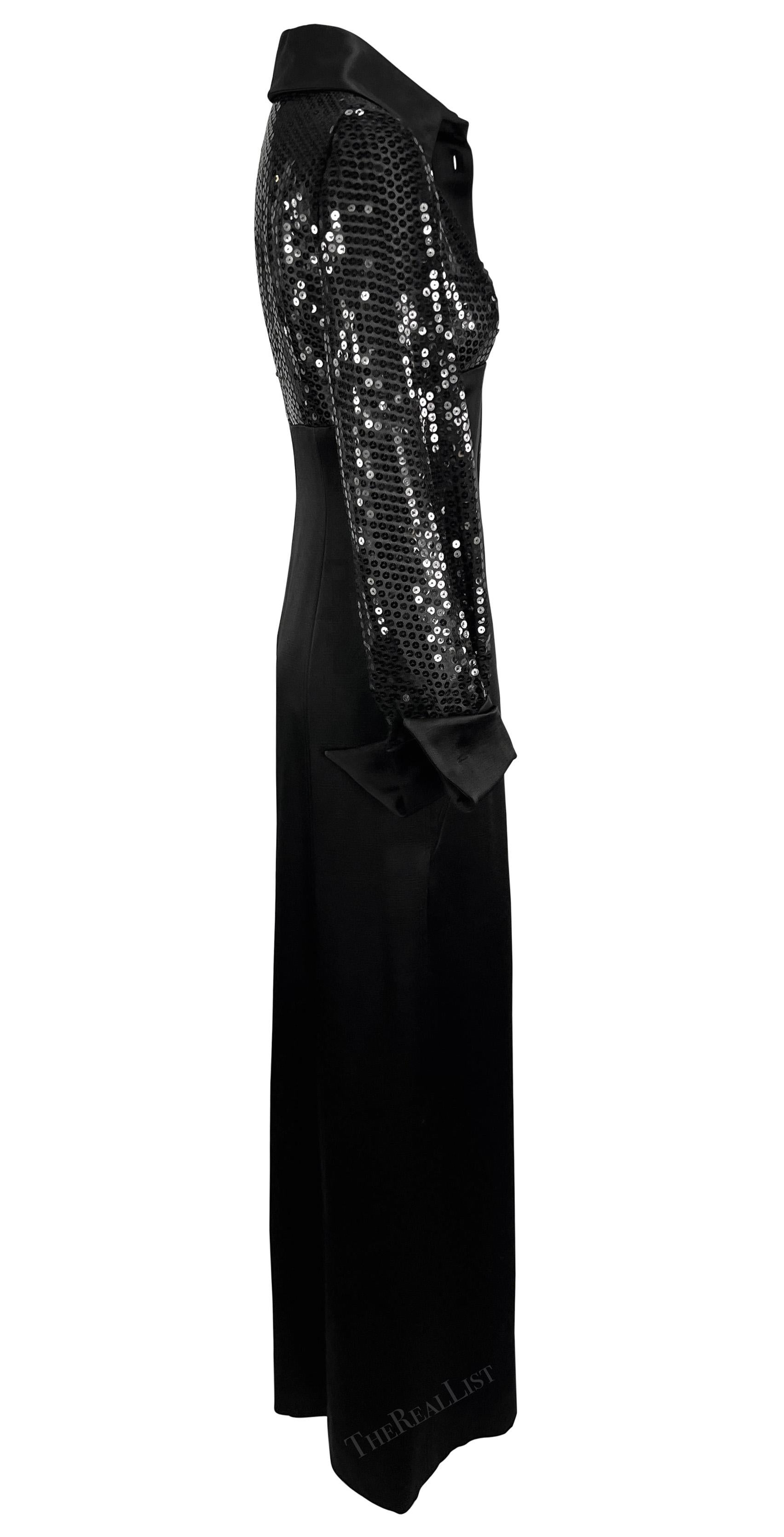 1990s Jacques Fath Sheer Black Sequin Plunging Satin French Cuff Collared Gown For Sale 2