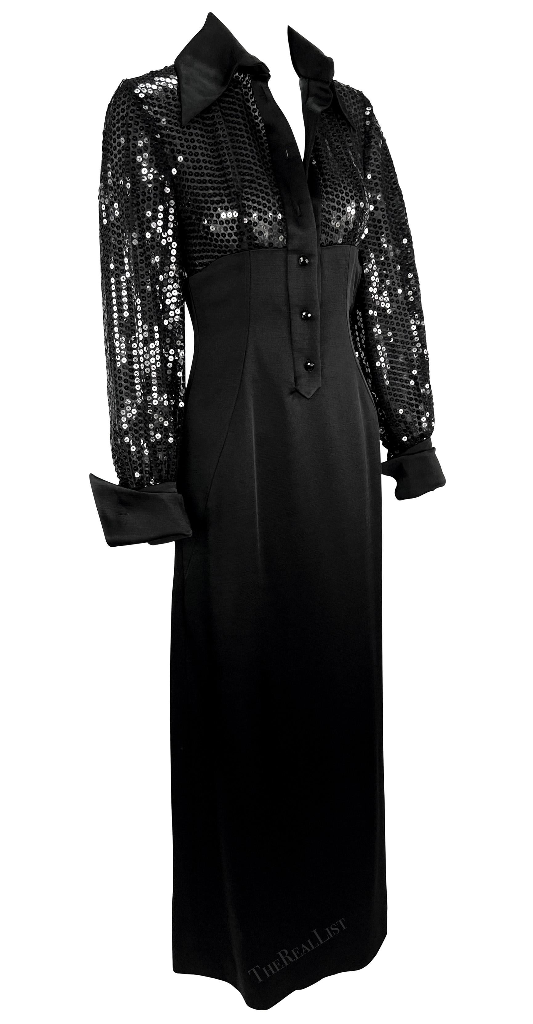 De las mujeres Años 90 Jacques Fath Vestido negro de lentejuelas con escote francés y puños de raso en venta