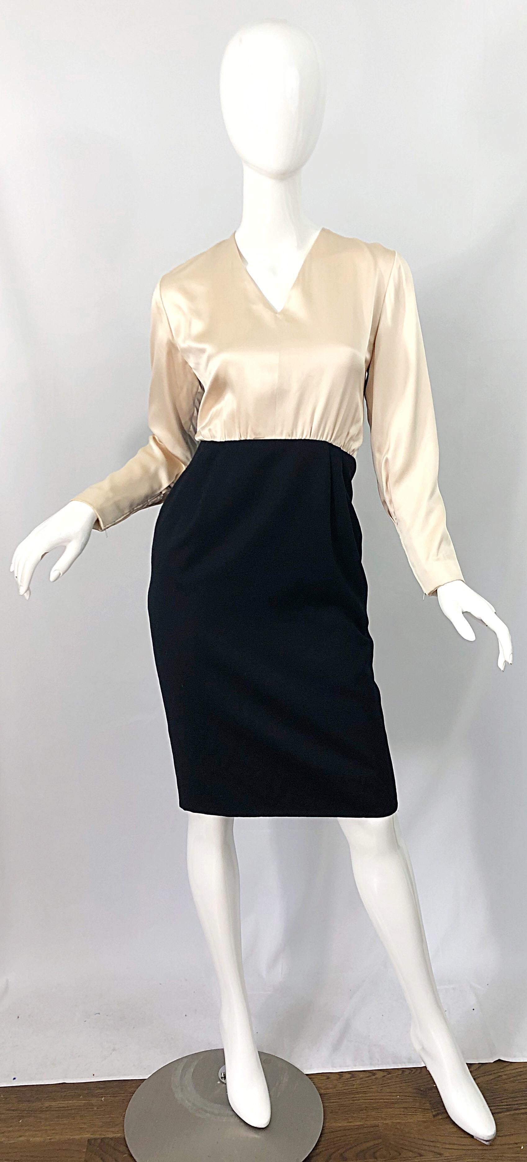 1990s James Galanos Black and White Ivory Color Block Vintage 90s Dress For Sale 4