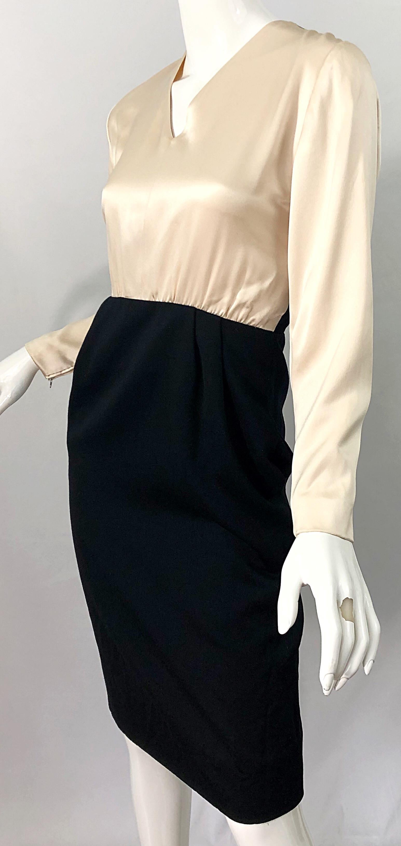 Vestido vintage de los 90 James Galanos blanco y negro con bloques de color marfil en Excelente estado para la venta en San Diego, CA