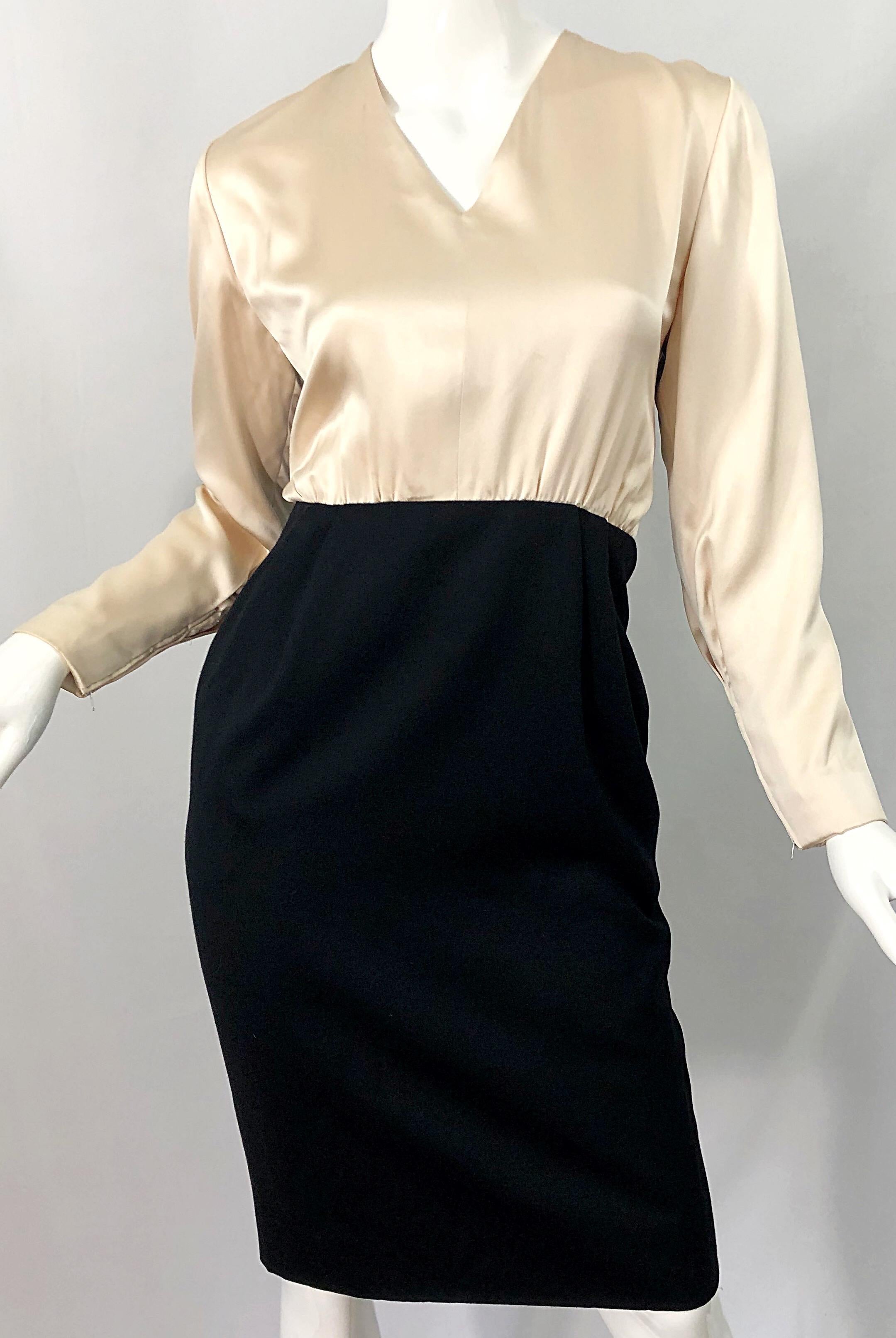 Vestido vintage de los 90 James Galanos blanco y negro con bloques de color marfil en venta 1