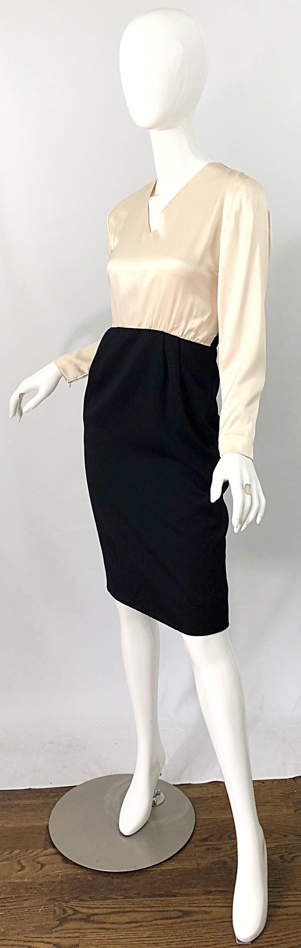 Vestido vintage de los 90 James Galanos blanco y negro con bloques de color marfil en venta 3