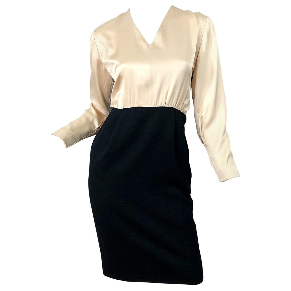 Vestido vintage de los 90 James Galanos blanco y negro con bloques de color marfil en venta
