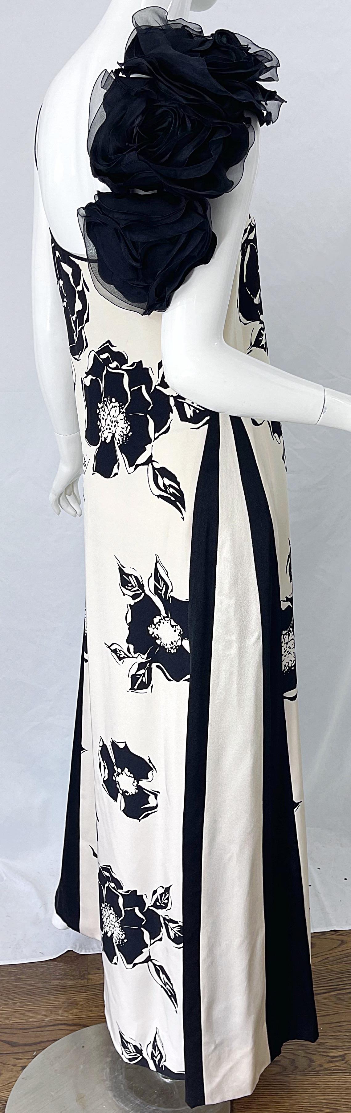 1990s James Galanos Black and White Rosette Sleeve Vintage 90s Silk Gown Dress For Sale 4