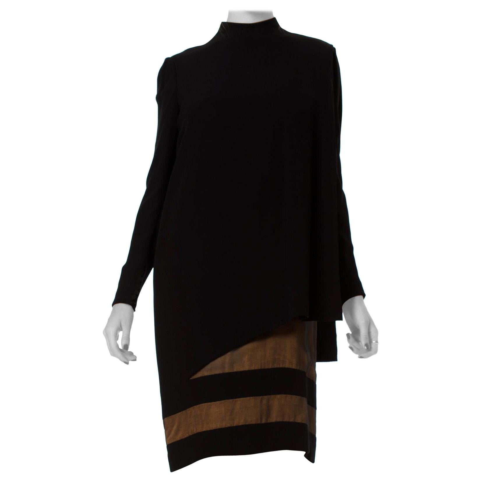 1980S JAMES GALANOS Black Silk Crepe & Chiffon Couture Finished Long Sleeve Coc For Sale