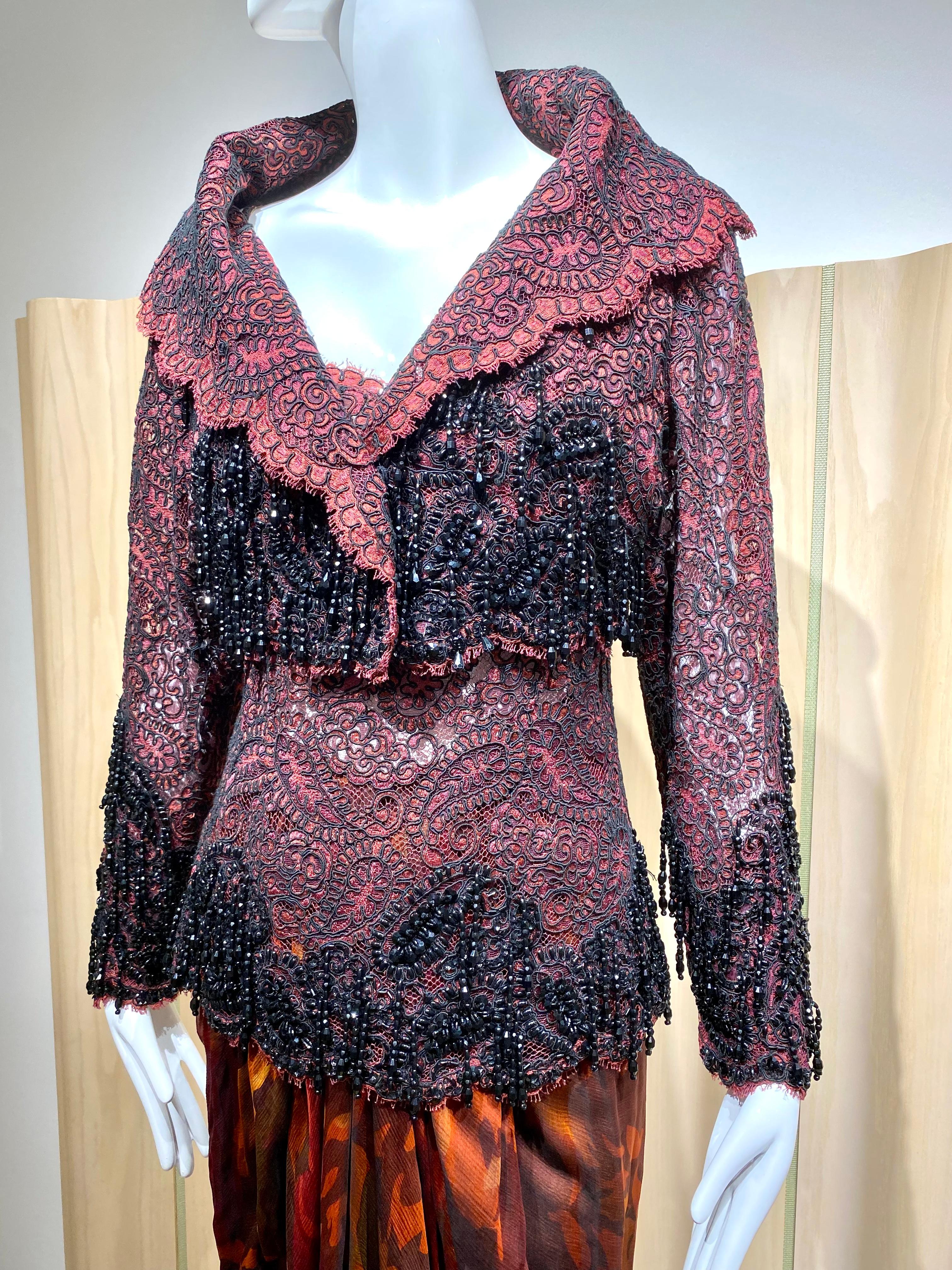 Black 1990s James Galanos Reddish Purple Embroidered Crop Jacket and skirt sets For Sale