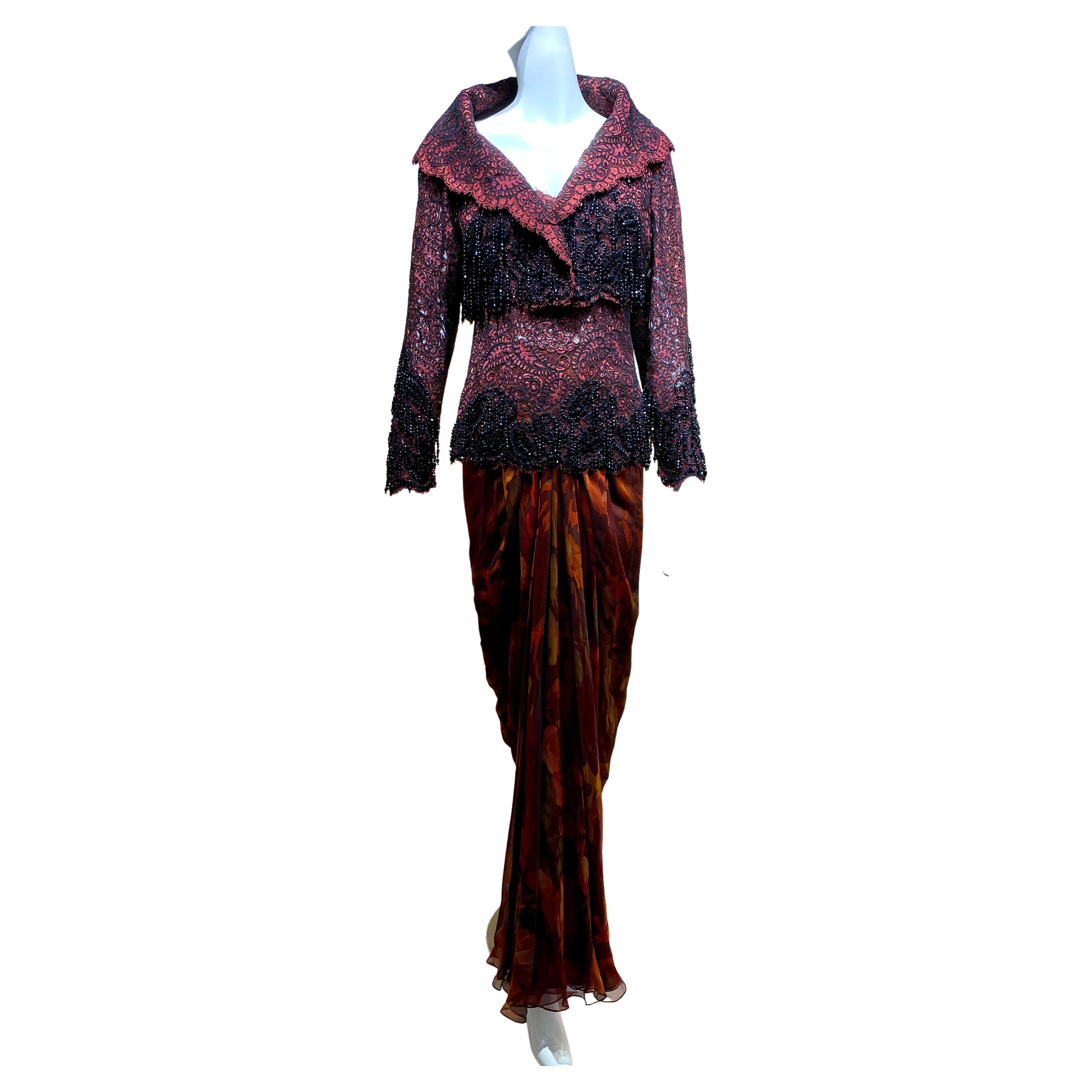 1990s James Galanos Reddish Purple Embroidered Crop Jacket and skirt sets For Sale