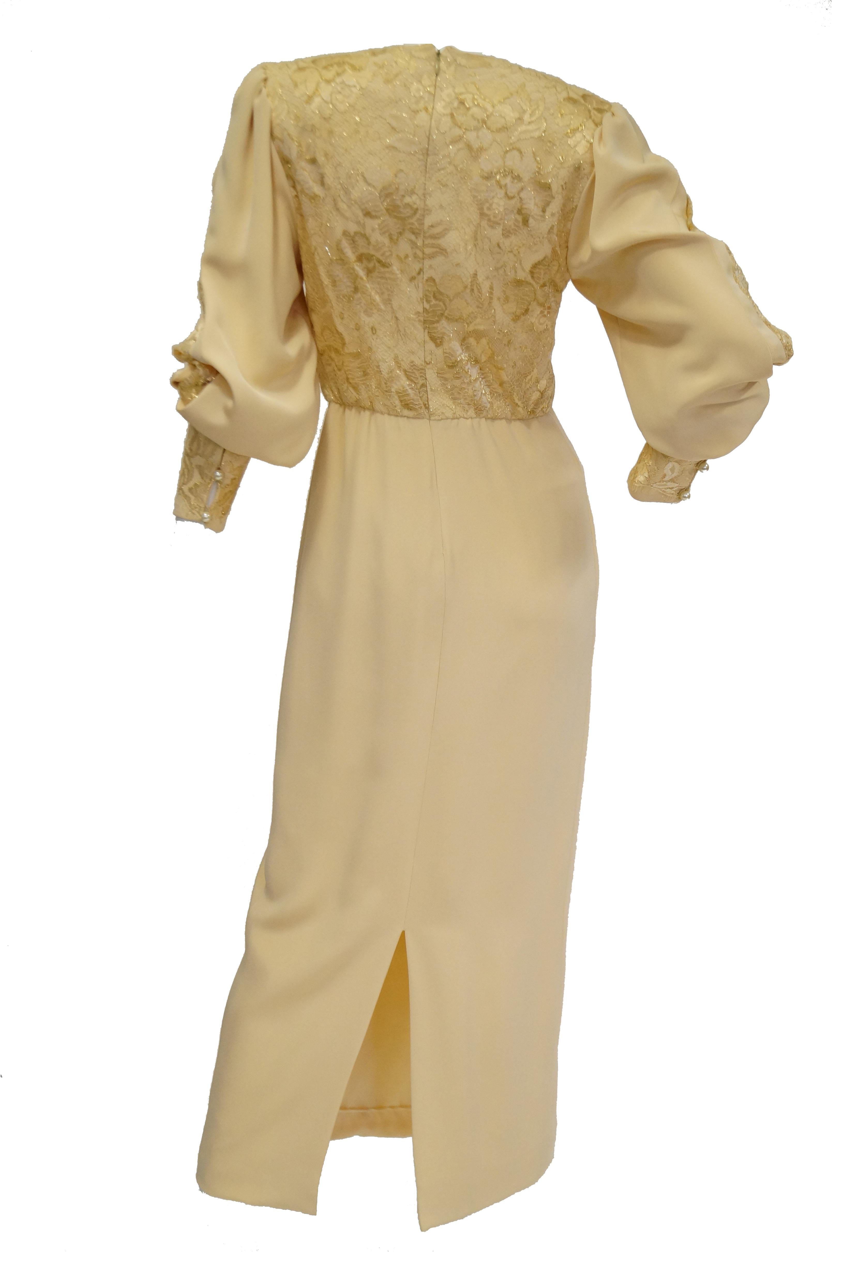 1990s James Hogan Pearl Silk Dress w/ Cut Through Lace Overlay Sleeves  For Sale 4