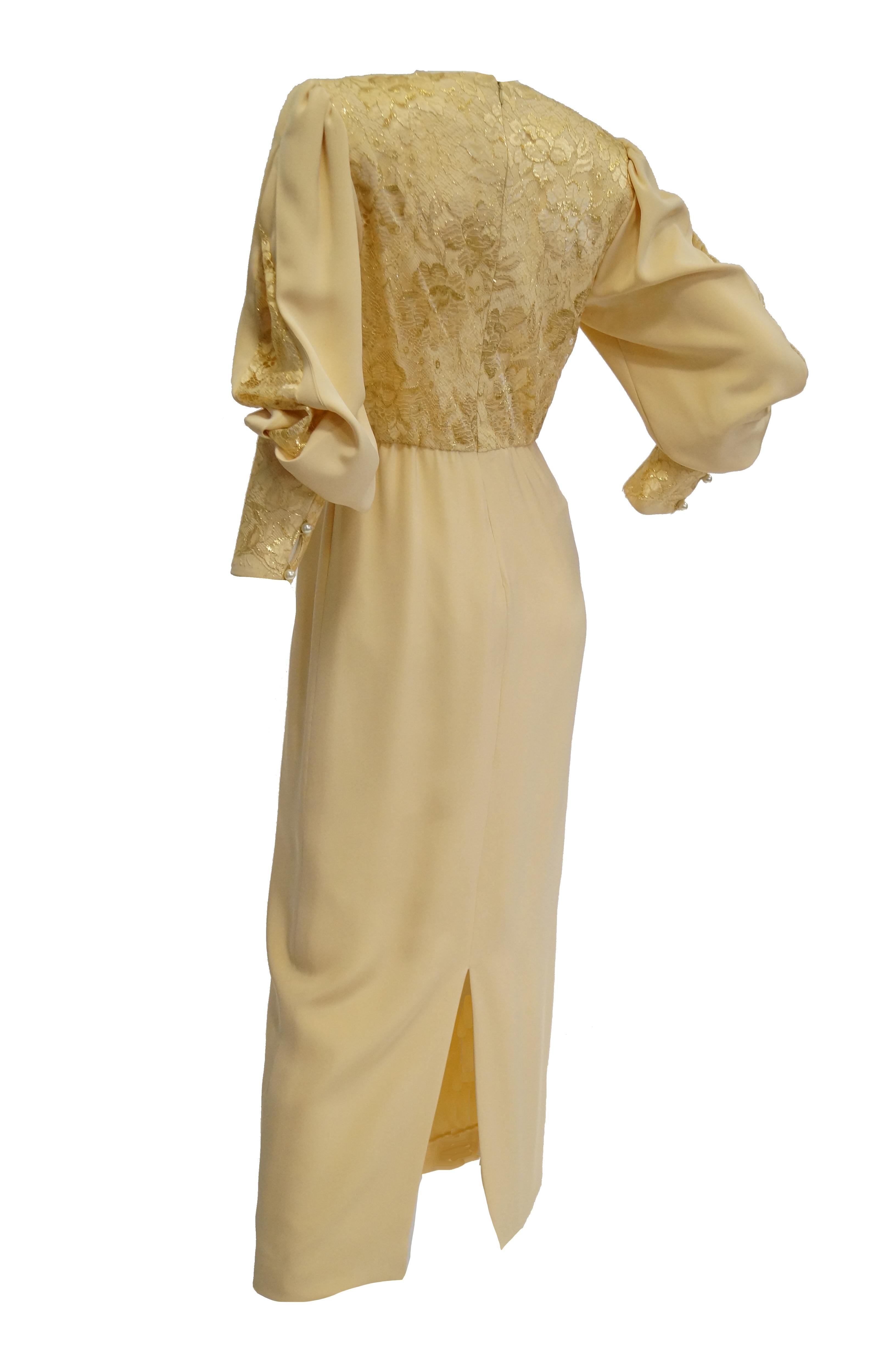 1990s James Hogan Pearl Silk Dress w/ Cut Through Lace Overlay Sleeves  For Sale 5