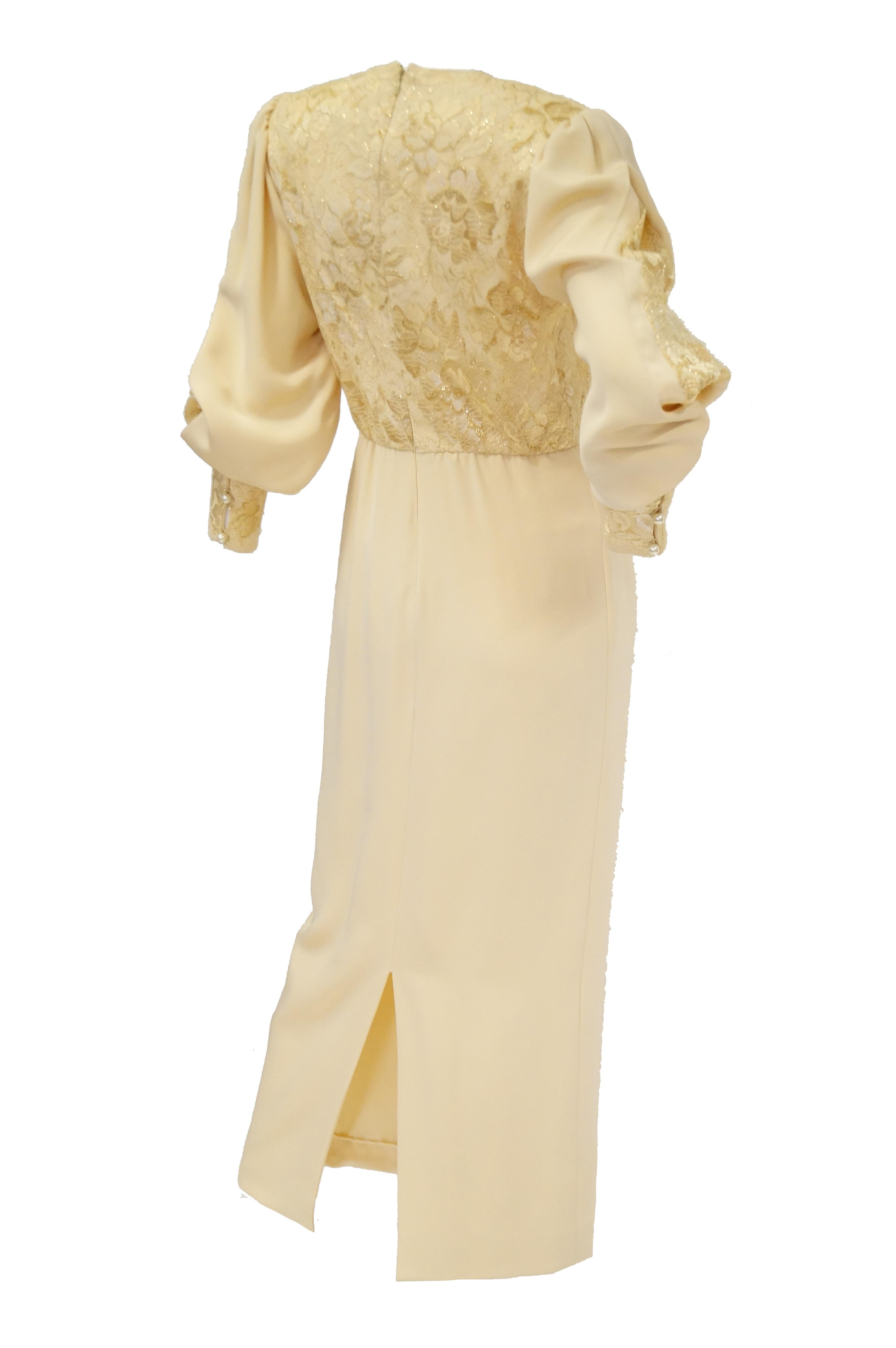 1990s James Hogan Pearl Silk Dress w/ Cut Through Lace Overlay Sleeves  For Sale 6